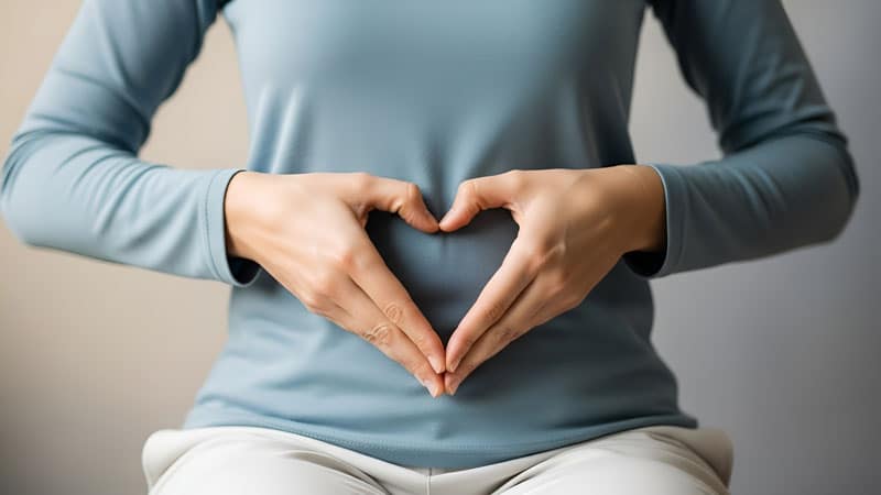 Woman holding a heart over her stomach to symbolize how semaglutide slows gastric emptying leaving you feeling full longer.